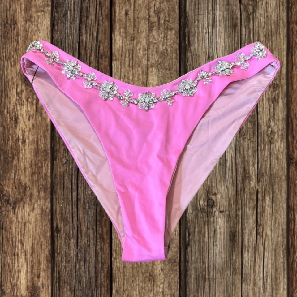 Oceanus Pink Crystal Embellished Bikini Bottoms High Leg Barbiecore Luxury Glam